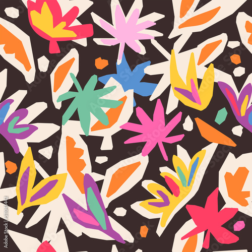 Modern abstract print with botanical shapes. Floral seamless pattern. Colorful groovy vector background. Stylized tropical flowers and leaves
