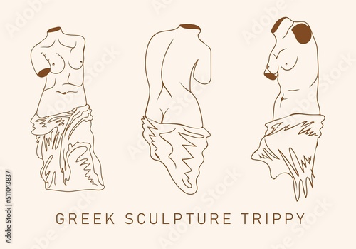 Greek sculpture trippy. Vector hand drawn illustration of human female bodies. Architectural graphic design elements. Greek ancient sculpture set.