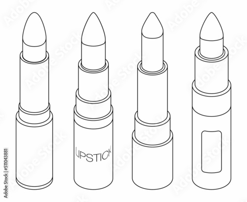 Lipstick icons set. Isometric set of lipstick vector icons outline isolated on white background