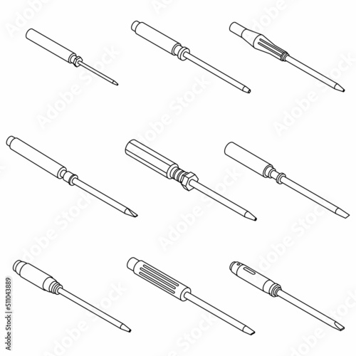Screwdriver icons set. Isometric set of screwdriver vector icons outline isolated on white background