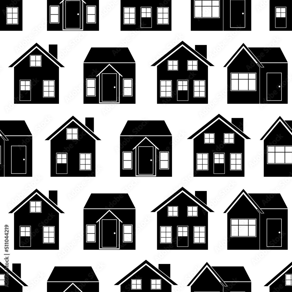Seamless pattern with house. Black icon house in white background. House pattern. Collection of silhouettes buildings. Flat design for print on fabric, wallpaper, wrapping paper. Vector illustration