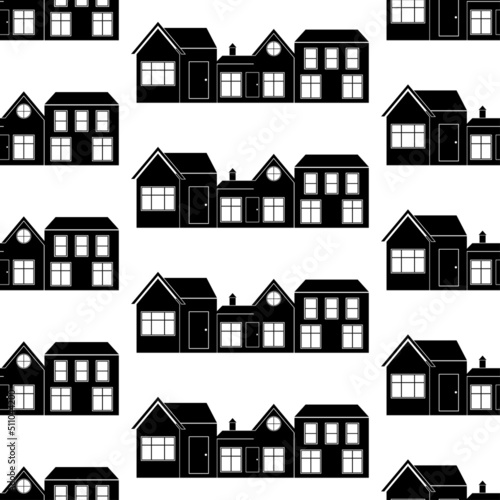 Fototapeta Naklejka Na Ścianę i Meble -  Seamless pattern with house. Black icon house in white background. House pattern. Collection of silhouettes buildings. Flat design for print on fabric, wallpaper, wrapping paper. Vector illustration