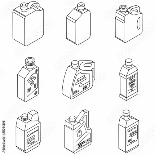 Motor oil icons set. Isometric set of motor oil vector icons outline isolated on white background
