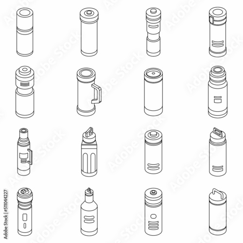 Vacuum insulated water bottle icons set. Isometric set of vacuum insulated water bottle vector icons outline isolated on white background