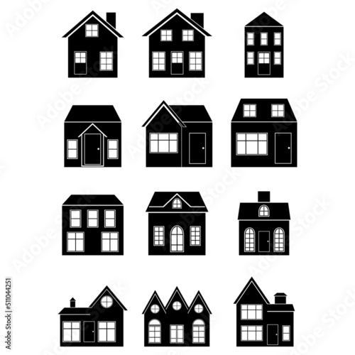 Houses icon set. Isolated icon of houses in black color. Сity architecture in flat design. Isolated facades european buildings. Classic design for website, banner. Vector illustration