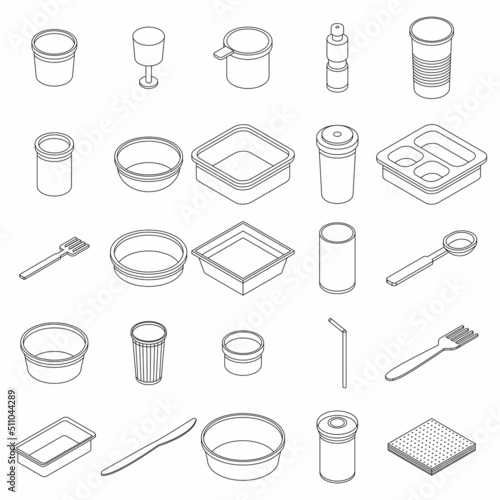 Plastic tableware icons set. Isometric set of plastic tableware vector icons outline isolated on white background