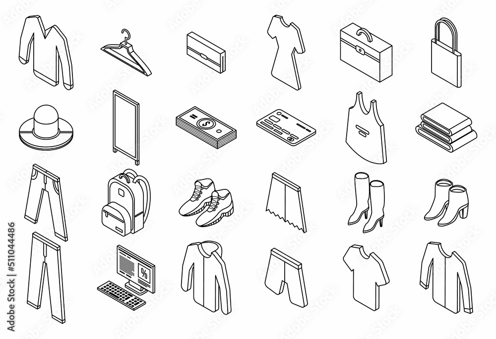 Clothing store icons set. Isometric set of clothing store vector icons outline isolated on white background Clothing store icons set. Isometric set of clothing store vector icons outline isolated on white background
