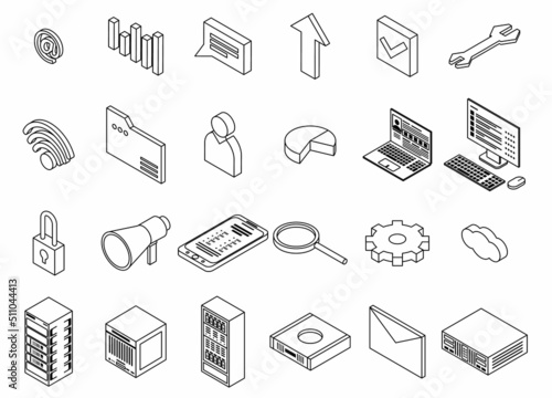 Data center icons set. Isometric set of data center vector icons outline isolated on white background