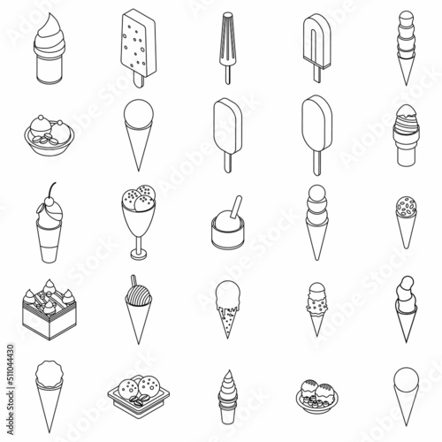 Ice cream icons set. Isometric set of ice cream vector icons outline isolated on white background