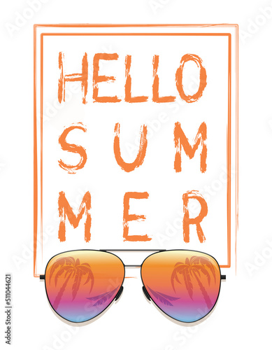 Sea and palm trees are reflected in sunglasses. Hello summer lettering design. Vector illustration isolated on white