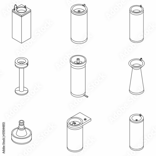 Drinking fountain icons set. Isometric set of drinking fountain vector icons outline isolated on white background