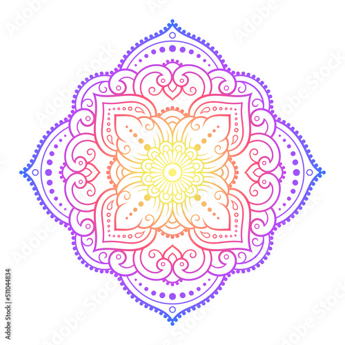 Circular pattern in form of mandala with flower for Henna, Mehndi, tattoo, decoration. Decorative ornament in ethnic oriental style. Rainbow pattern on white background.