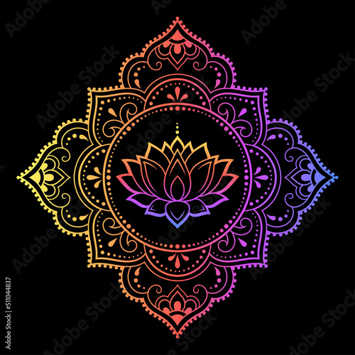 Circular pattern in form of mandala with lotus flower for Henna, Mehndi, tattoo, decoration. Decorative ornament in ethnic oriental style. Rainbow pattern on black background.