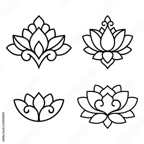 Set of decorative lotus flower symbols. Elements of patterns for laser and plotter cutting, embossing, engraving, printing on clothing. Ornaments for henna drawings in the oriental style.