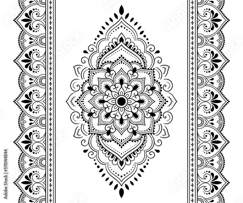 Set of mandala pattern and seamless border for Henna drawing and tattoo. Decoration in ethnic oriental mehndi, Indian style. Doodle ornament in black and white. Hand draw vector illustration.