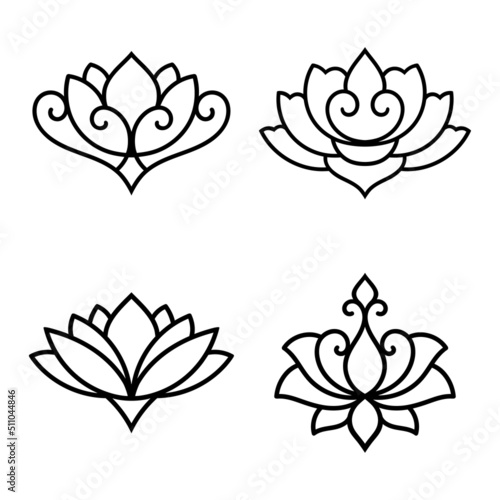 Set of decorative lotus flower symbols. Elements of patterns for laser and plotter cutting, embossing, engraving, printing on clothing. Ornaments for henna drawings in the oriental style.