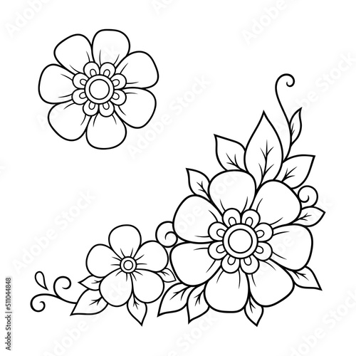 Set of Mehndi flower pattern for Henna drawing and tattoo. Decoration in ethnic oriental  Indian style. Doodle ornament. Outline hand draw vector illustration.