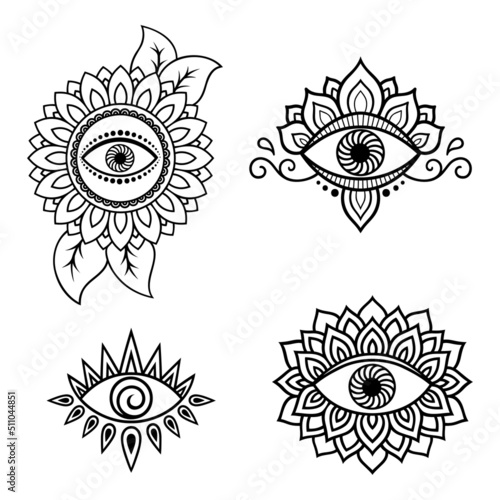 Eye and flower. Set of decorative elements in the oriental mehndi style for laser and plotter cutting, embossing, engraving, printing on clothing. Symbols to protect against the evil eye.