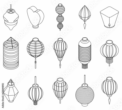 Chinese lantern icons set. Isometric set of chinese lantern vector icons outline isolated on white background