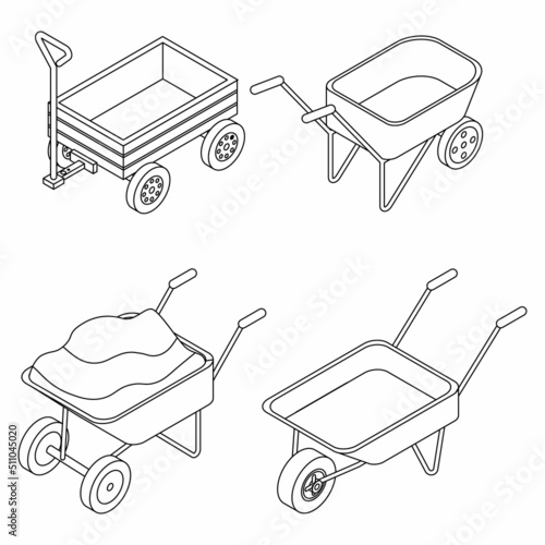 Wheelbarrow icons set. Isometric set of wheelbarrow vector icons outline isolated on white background