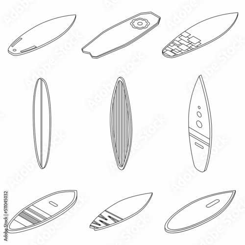 Surfboard icons set. Isometric set of surfboard vector icons outline isolated on white background