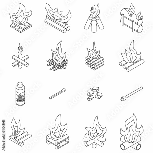 Campfire icons set. Isometric set of campfire vector icons outline isolated on white background