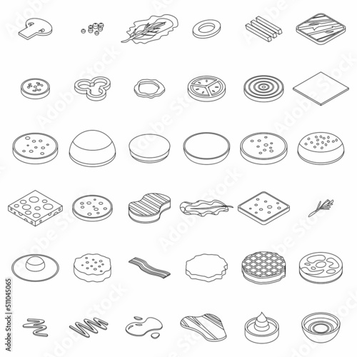 Burger icons set. Isometric set of burger vector icons outline isolated on white background