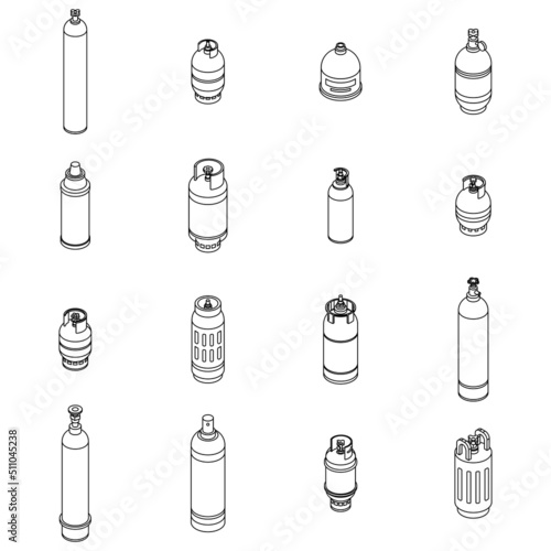 Gas cylinders icons set. Isometric set of gas cylinders vector icons outline isolated on white background