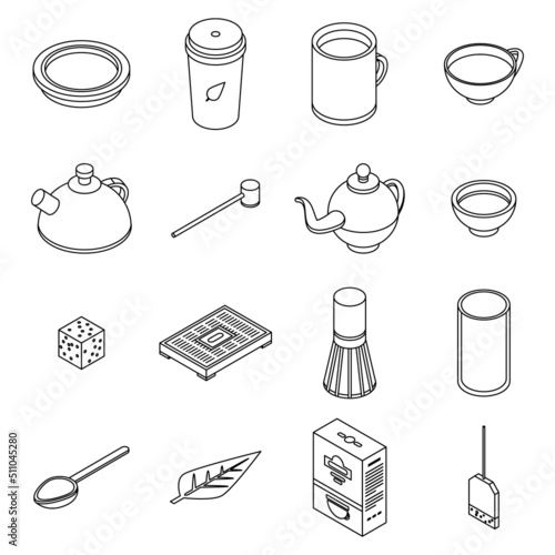Tea ceremony icons set. Isometric set of tea ceremony vector icons outline isolated on white background
