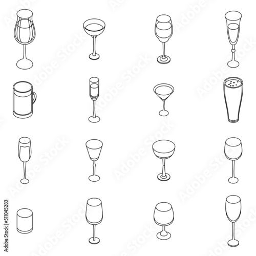 Wineglass icons set. Isometric set of wineglass vector icons outline isolated on white background