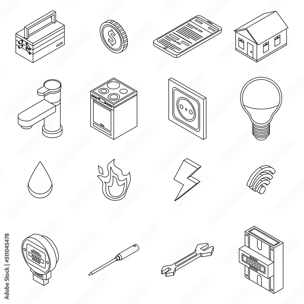 Utilities icons set. Isometric set of utilities vector icons outline isolated on white background Utilities icons set. Isometric set of utilities vector icons outline isolated on white background