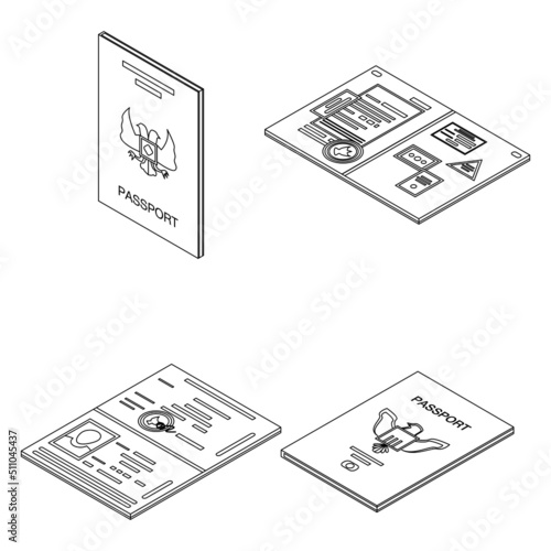 Passport icons set. Isometric set of passport vector icons outline isolated on white background