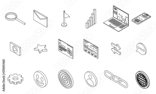 Backlink strategy icons set. Isometric set of backlink strategy vector icons outline isolated on white background