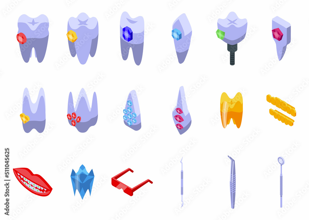 Tooth gems icons set isometric vector. Dental care. Gem medicine Tooth gems icons set isometric vector. Dental care. Gem medicine