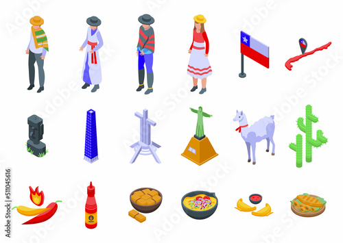 Chile icons set isometric vector. Map adventure. Travel america