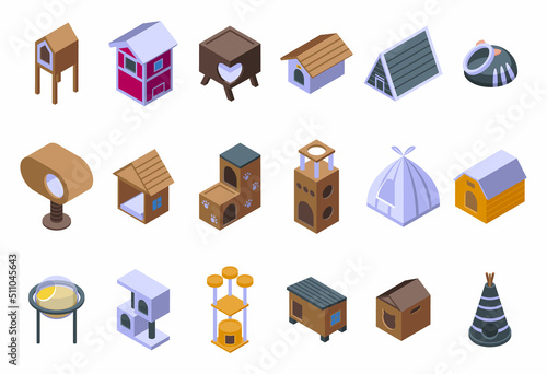 Cat house icons set isometric vector. Tree tower. Post house
