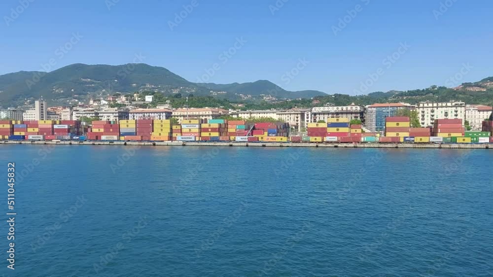 Italy FLORENCE Jun 2 a view from port of Florence colourful containers green mountains and town Italy FLORENCE Jun 2 a view from port of Florence colourful containers green mountains and town