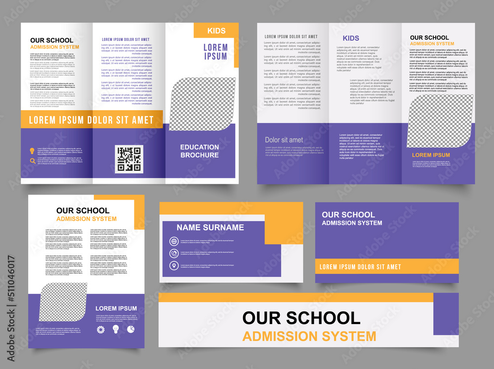 School tri fold brochure. Collection of folded brochures, annual report, business card. For printing, A4 magazine cover