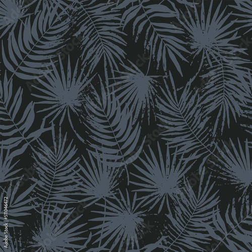 Stamped tropical leaves seamless pattern. Shaded jungle grunge flora trend. Abstract botanical background. Palm branches fashion print for fabric, package, paper