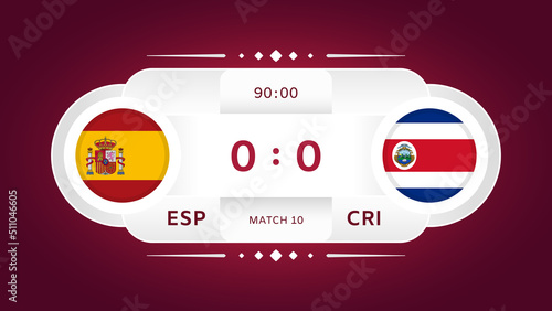 Spain vs Costa Rica Match. Football 2022. World Football Championship Competition infographic. Group Stage. Group F. Poster, announcement, game score. Scoreboard template. Vector