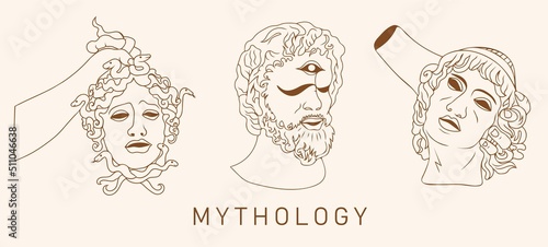 Mythology. Greek ancient sculpture collection. Architectural graphic design elements. Greek sculpture trippy. Vector hand drawn illustration.