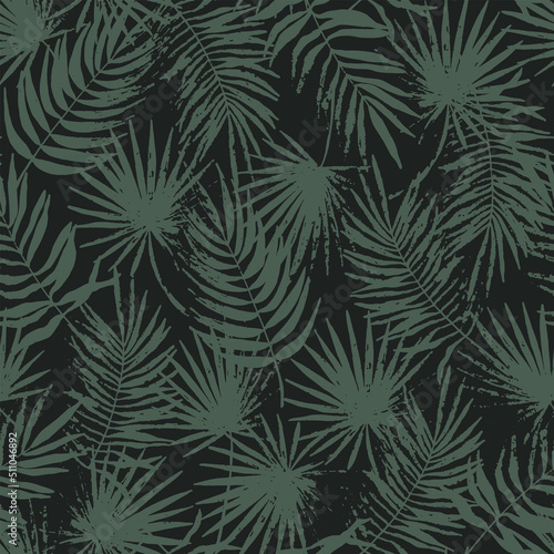 Stamped tropical leaves seamless pattern. Shaded jungle grunge flora trend. Abstract botanical background. Palm branches fashion print for fabric  package  paper