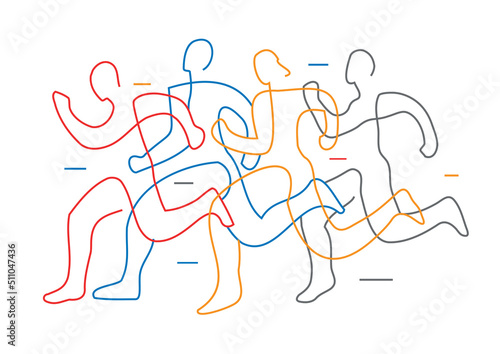 Running race, line art stylized. Illustration of group of running racers. Continuous line drawing design.Isolated on white background. Vector available.
