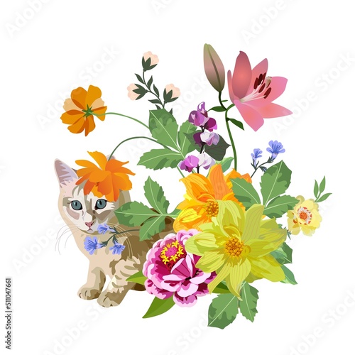 Ginger cat sitting among flowers isolated on white background in vector. Sweet print on a T-shirt, napkin, pillow with the symbol of the Chinese New Year 2023. Wonderful collection.