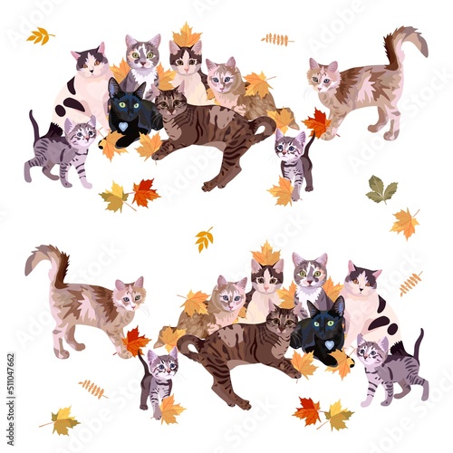 Group of domestic cats resting isolated on white background in vector. Seamless animal print for fabric, wallpaper, bed linen.