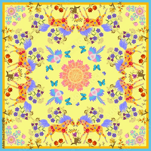 Shawl with fairy horses, flowers, fluttering birds and butterflies and the sun in a magical garden on a yellow background in vector. Fashion accessory.