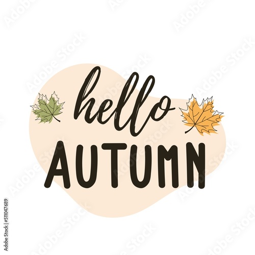 Hello Autumn. Vector hand drawn Lettering with Autumn leaves.The trend calligraphy, decorative inscription. Concept Autumn advertising.