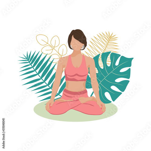 Woman meditating, yoga summer nature, stands in a lotus pose and green and yellow leaves, meditation on beach. Healthy lifestyle, relaxing  time concept. Faceless flat vector isolated white background