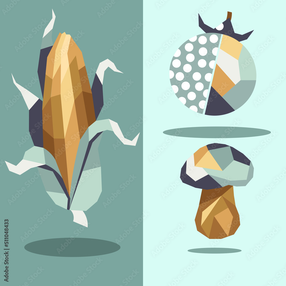 Set of illustrations in low poly style. Corn, tomato, mushroom in geometric style. Vector illustration