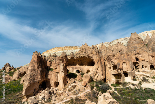 Cave town and rock formations in Zelve Valley, Cappadocia, Turkey